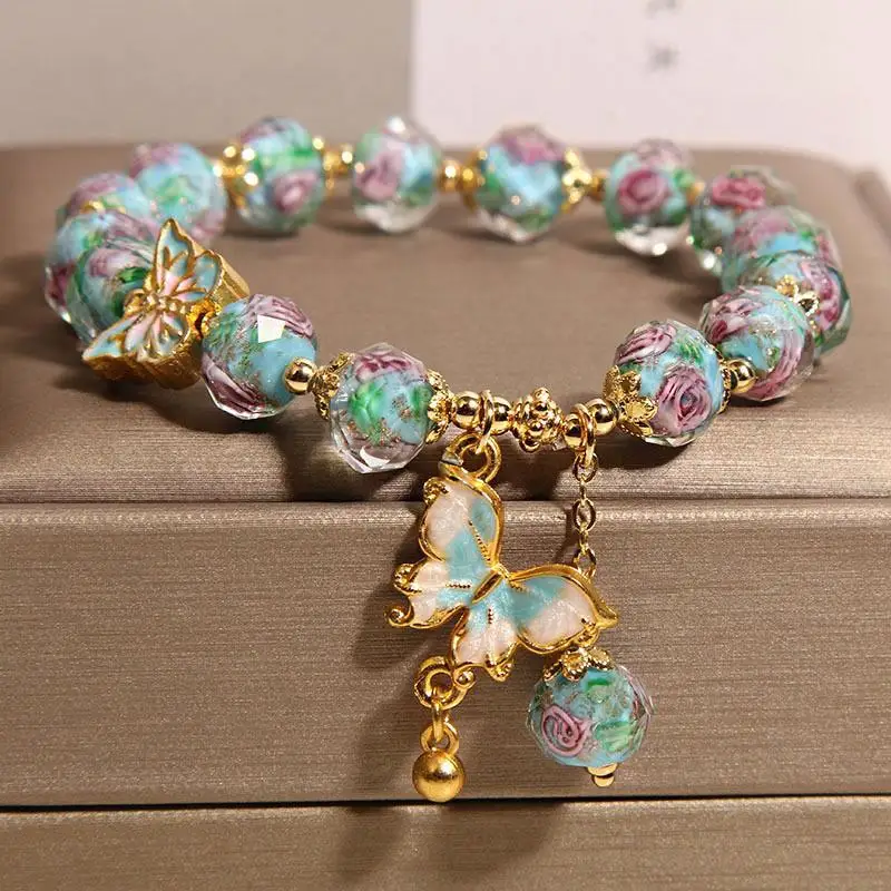 New Chinese Rose Garden Blue Glaze Bracelet Women's Niche Light Luxury Gifts Butterfly Pendant Beads HandString High-end Jewelry view 4