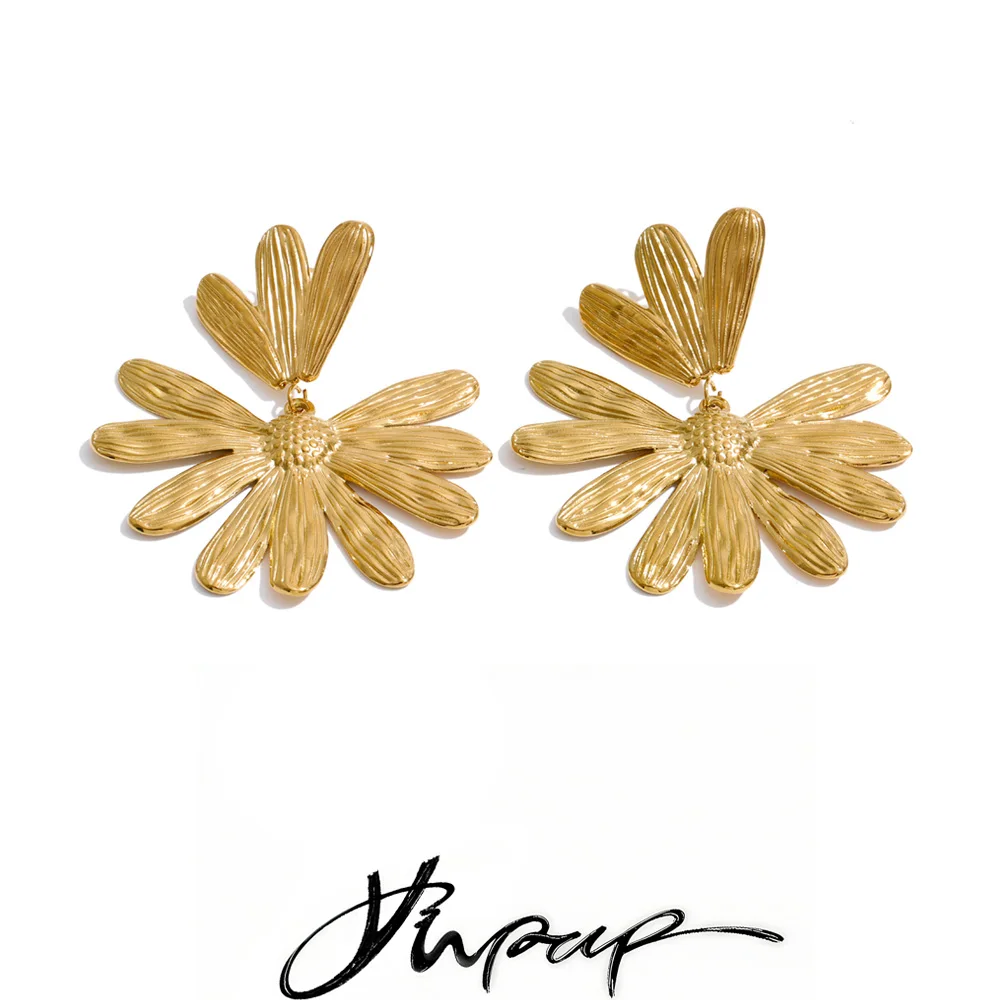 Boucles d'oreilles pendantes en acier inoxydable Yhpup, motif floral, résistantes à l'eau, bijoux dorés populaires pour le quotidien