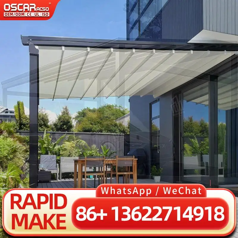 Tubular Motor and Remote Control Retractable Awning with Wind Sun Rain Sensor for Patio Garden Balcony Retractable Canopy Pergol