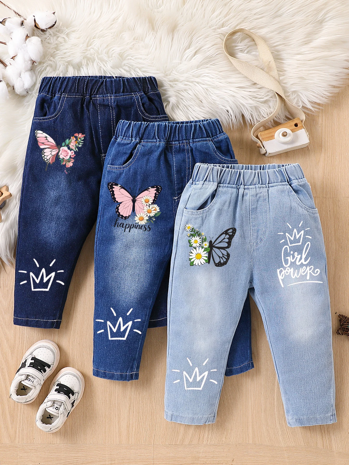 Children's Printed Denim Jeans Cute Butterfly Crown Decor Loose Fit Breathable Comfortable Fabric Vivacious Style Kids' Clothing