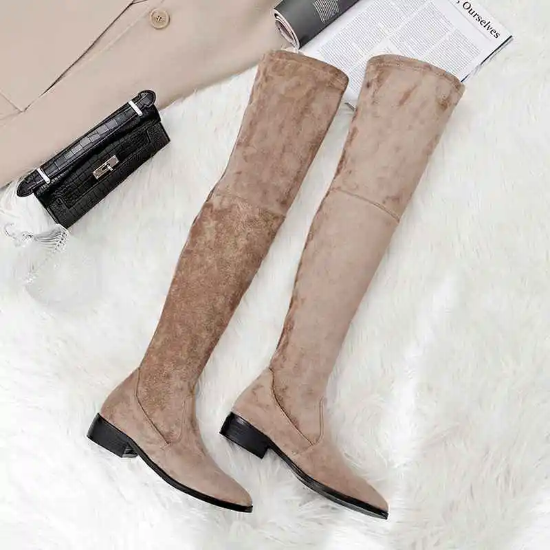 Krazing Pot 2025 Big Size 42 Cow Leather Flock Round Toe Stretch Over-the-knee Boots Thick Heels Solid Thin Leg Thigh High Boots