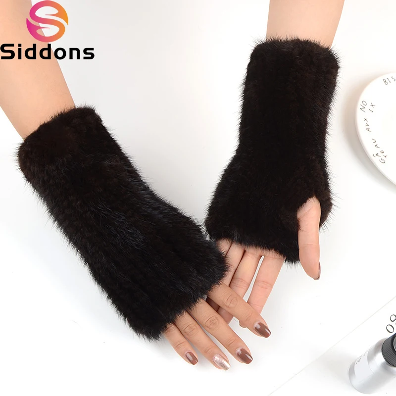 

2024 New Brand Style Top Quality Women's 100% Winter Warm Real Mink Fur Knitted Half Finger Gloves Girls Typing Mittens