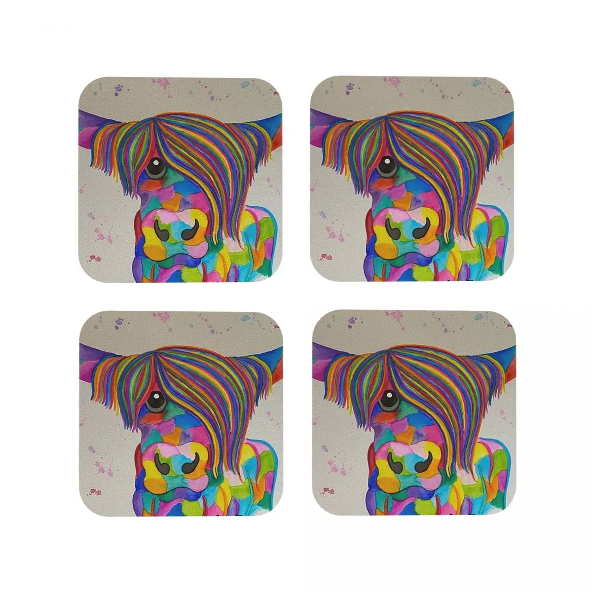 Colourful Highland Cow With Rainbow Colours Coasters Kitchen Placemats Cup Coffee Mats For Decor Home Tableware Pads Set of 4