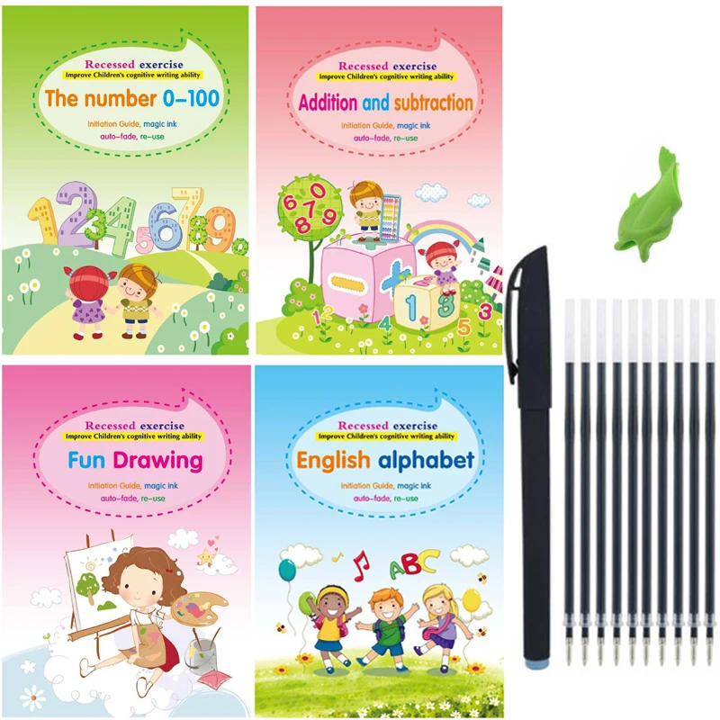 4 Volumes + Pen Magic Workbook Free Rubbing Children's Toys Writing Stickers English Copybook Calligraphy Montessori Toys