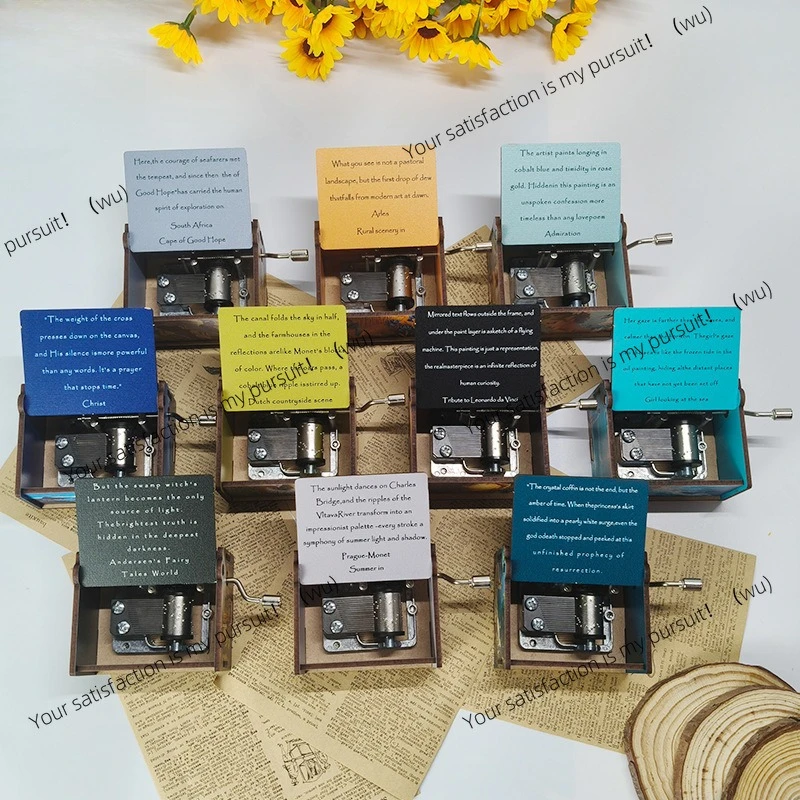 Painted wooden hand-cranked music box, beautifully engraved retro music box, mini simple ornament