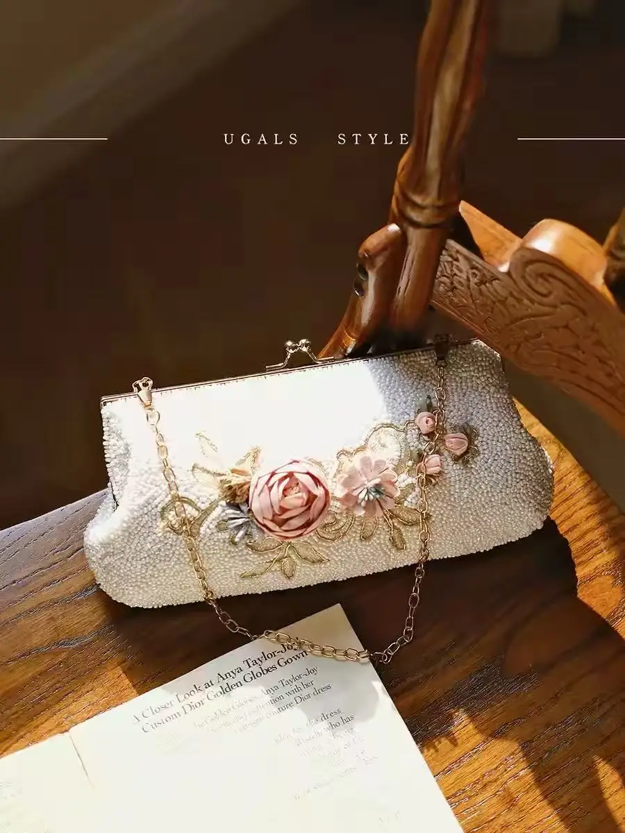 High Quality Beads Beaded Woven Handmade Clutch Purse Fashion Solid Floral Women Handbag Wedding Party Banquet Bag Shoulder Bag