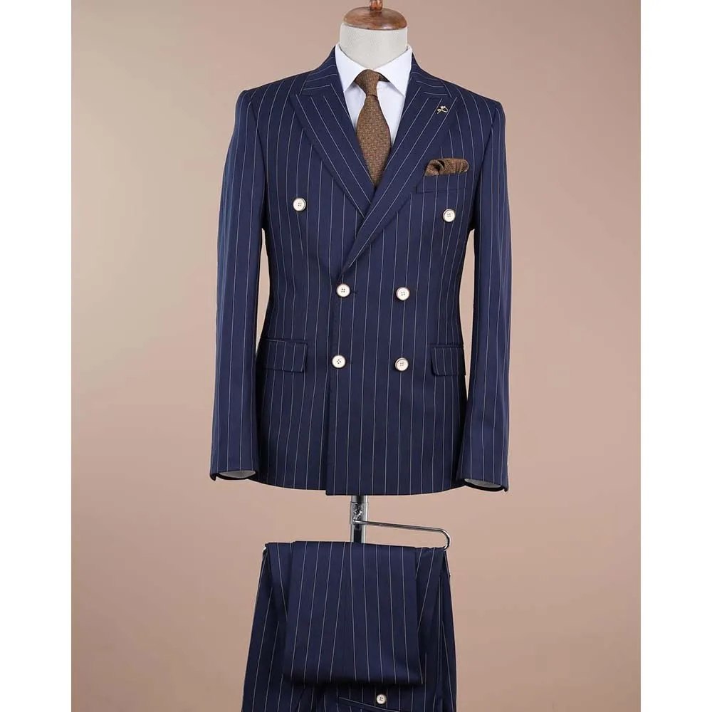 

Blue Pinstripe Double Breasted Men Suits High End Formal 2 Piece Jacket Pants Set Luxury Tailor Business Blazer Outfits Costume