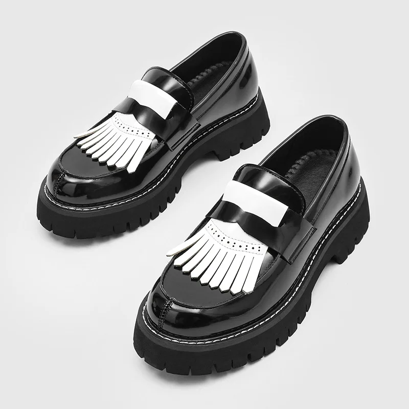 

big size men's fashion punk rock patent leather shoes slip-on tassels shoe black designer summer loafers trendy cool footwear