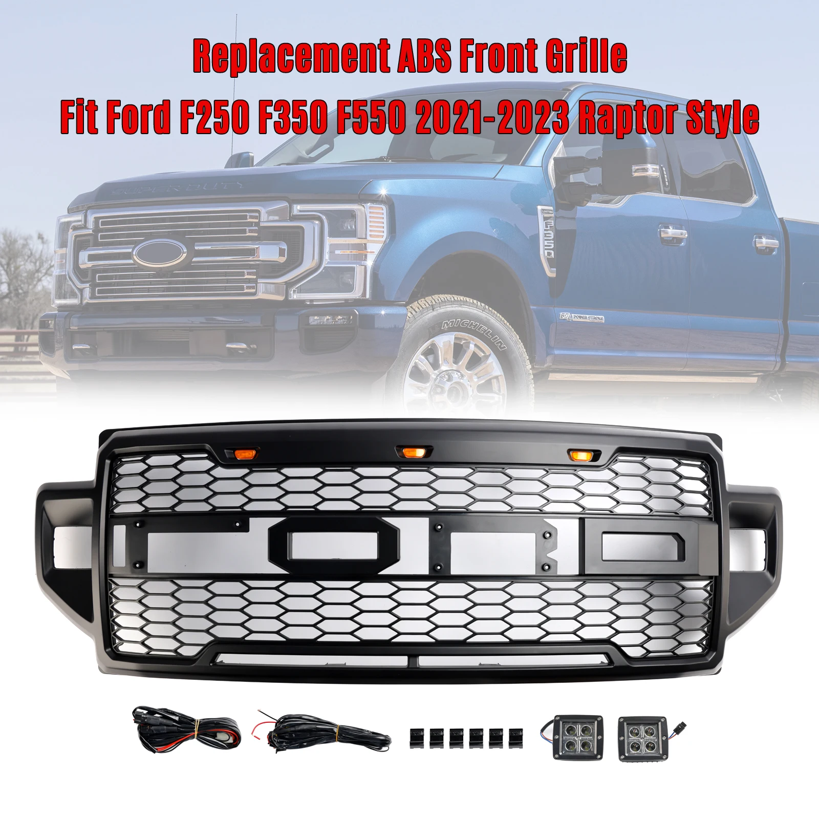 Artudatech Raptor Style Front Bumper Grille Fit Ford F250 F350 F550 2021-2023 Super Duty