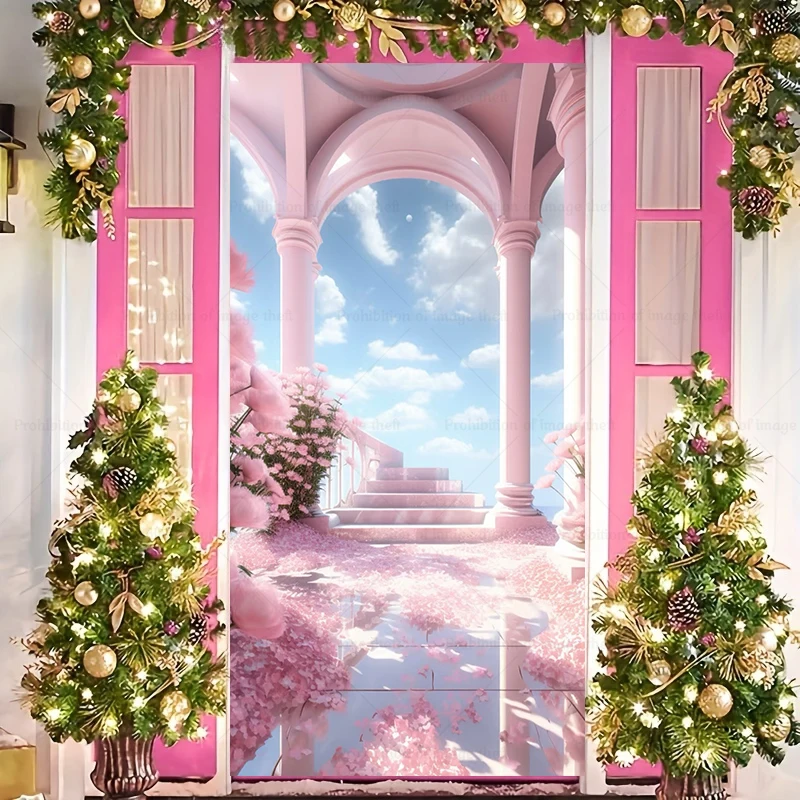 Fondo de fotografía con tema de jardín cielo, Año Nuevo, flores rosas, luz solar, escaleras, piscina, boda, pareja, novia, cubierta de puerta, regalos, póster