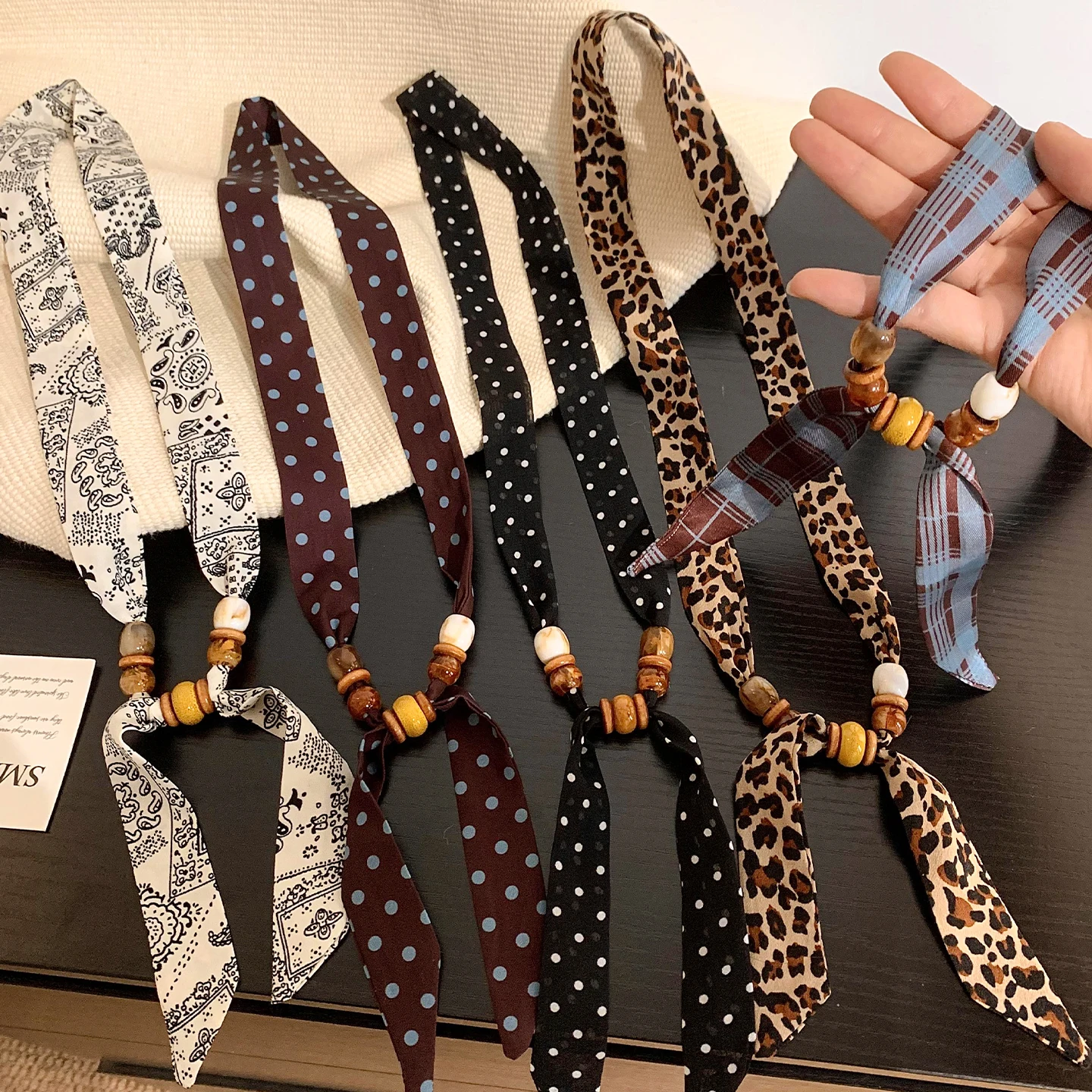 Scarf Beaded Retro Long Narrow Women Neck Warmer Premium Lightweight Multicolor Chiffon Daily Party Travel Gift