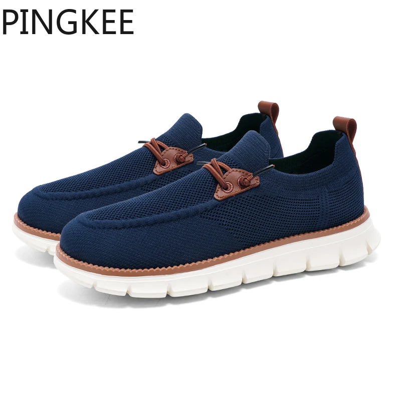 PINGKEE sepatu pantofel rajut jala, Sneaker kasual atas ringan untuk pria, desain Slip on tahan lama, sol luar MD