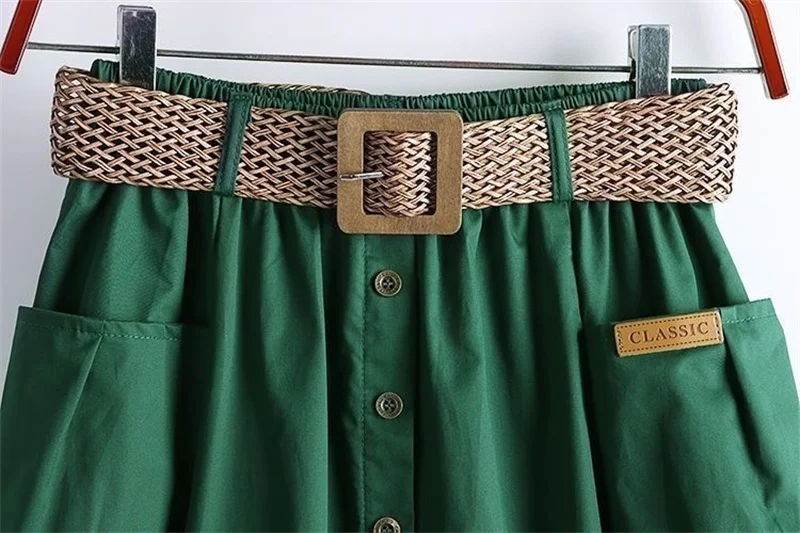 2025 Spring Summer Women Washed Cotton Elastic High-waist Skirt Pocket Belt Solid Long A-line Skirts Split Hem All-match Skirts