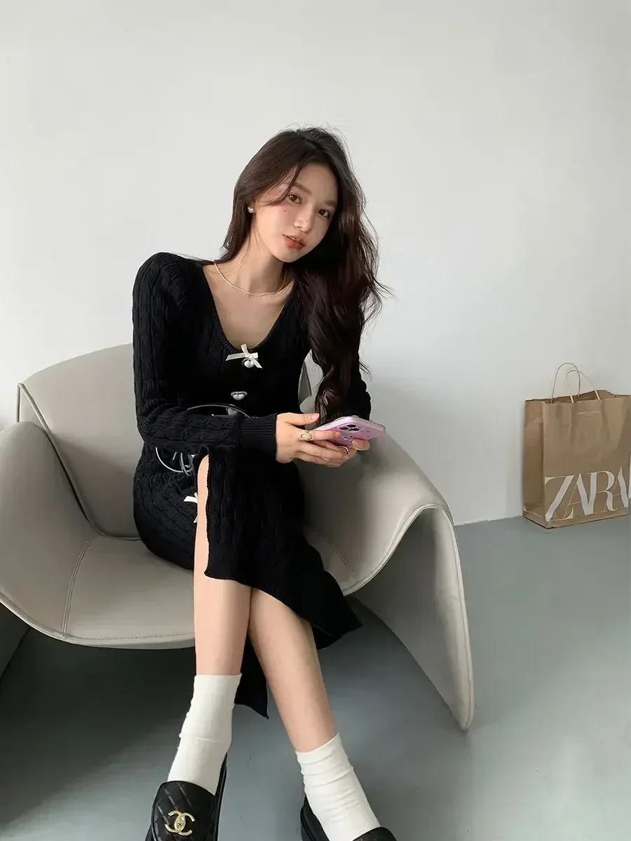 Gagarich Gentle Autumn Winter High End Black Sweater Set Women Thick Temperament Celebrity Split Long Skirt Two Piece Set