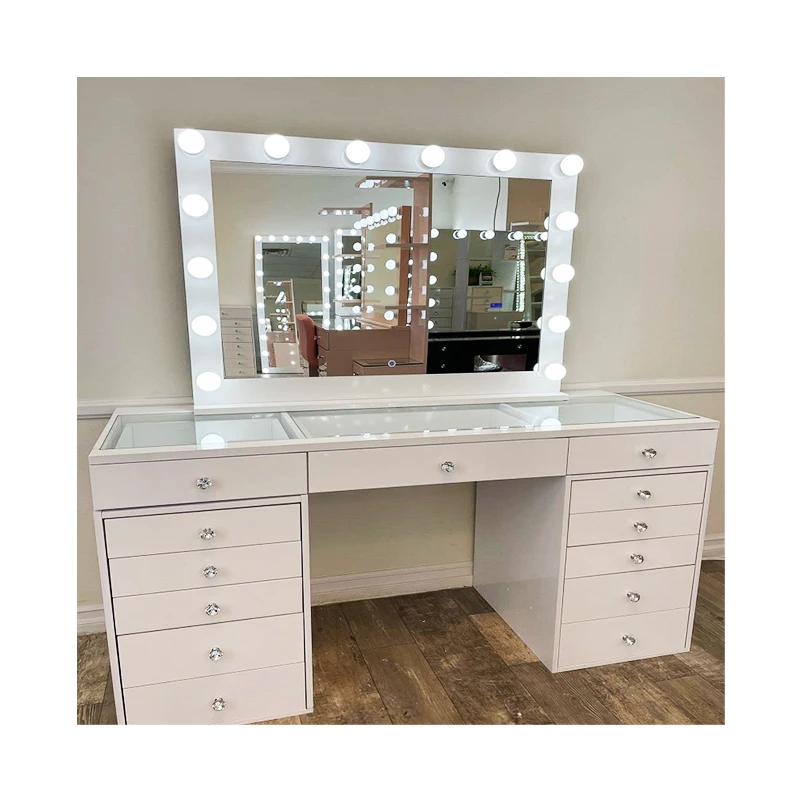 Hot Selling Dressing Table Set With LED Light Mirror And Power Socket 14 Holly Wood Bulbs Illuminated Dressing Table