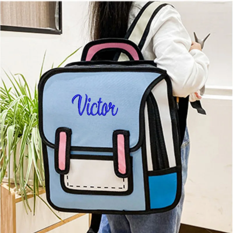 Personalized Customized Embroidered Name Backpack Multicolor Schoolbag High School Anime Cartoon 2D Three-Dimensional Backpack