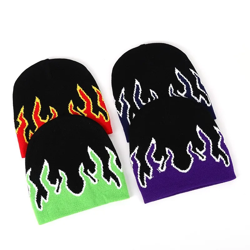 Fashion Acrylic All Over Flame Pattern Beanie Caps Custom Winter Knitted Hat Printed Jacquard Beanies