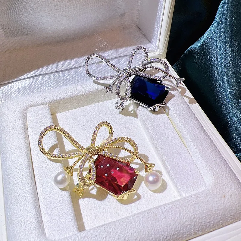 

3Pcs/Lot Red/Blue Zircon Double Pearl Breastpin Women Handmade DIY Brooch Jewelry Gifts