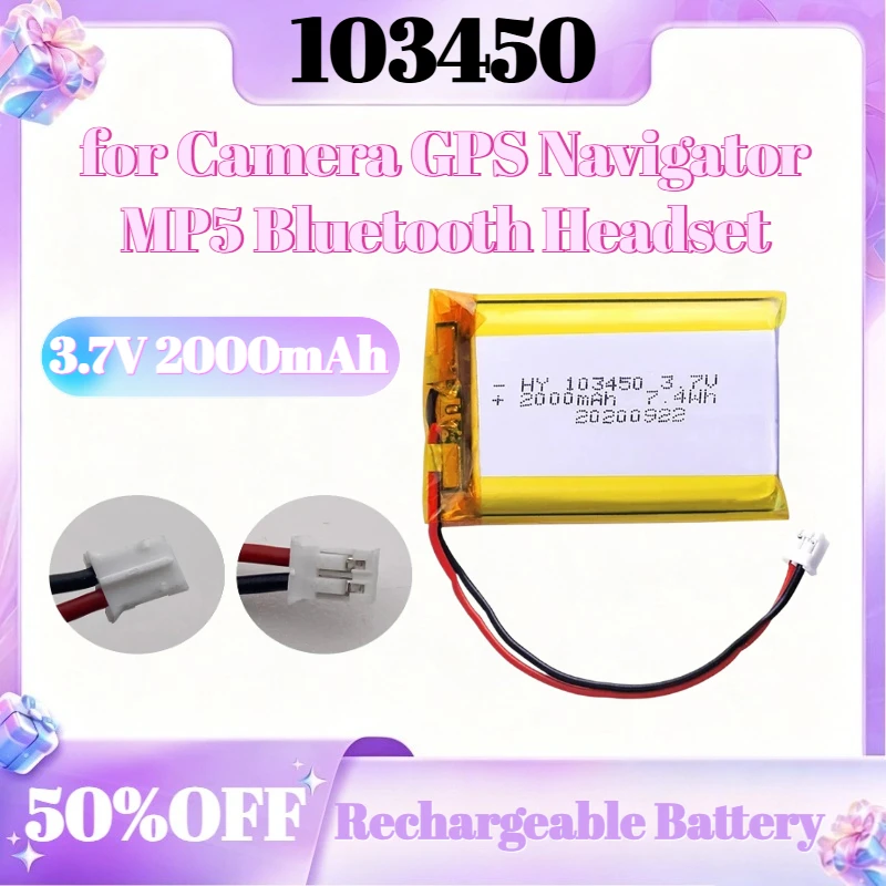 

103450 Polymer Lithium Rechargeable Battery Jst PH 2.0mm 2pin Plug 3.7V 2000mAh for Camera GPS Navigator MP5 Bluetooth Headset