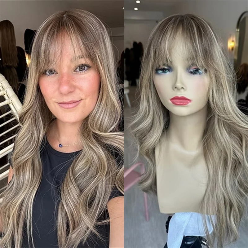 

Wear and Go Glueless Body Wave Wig High Quality Synthetic Wig 22 Inch Ombre Caramel Blonde Brown HD Lace Frontal Wig with Bangs