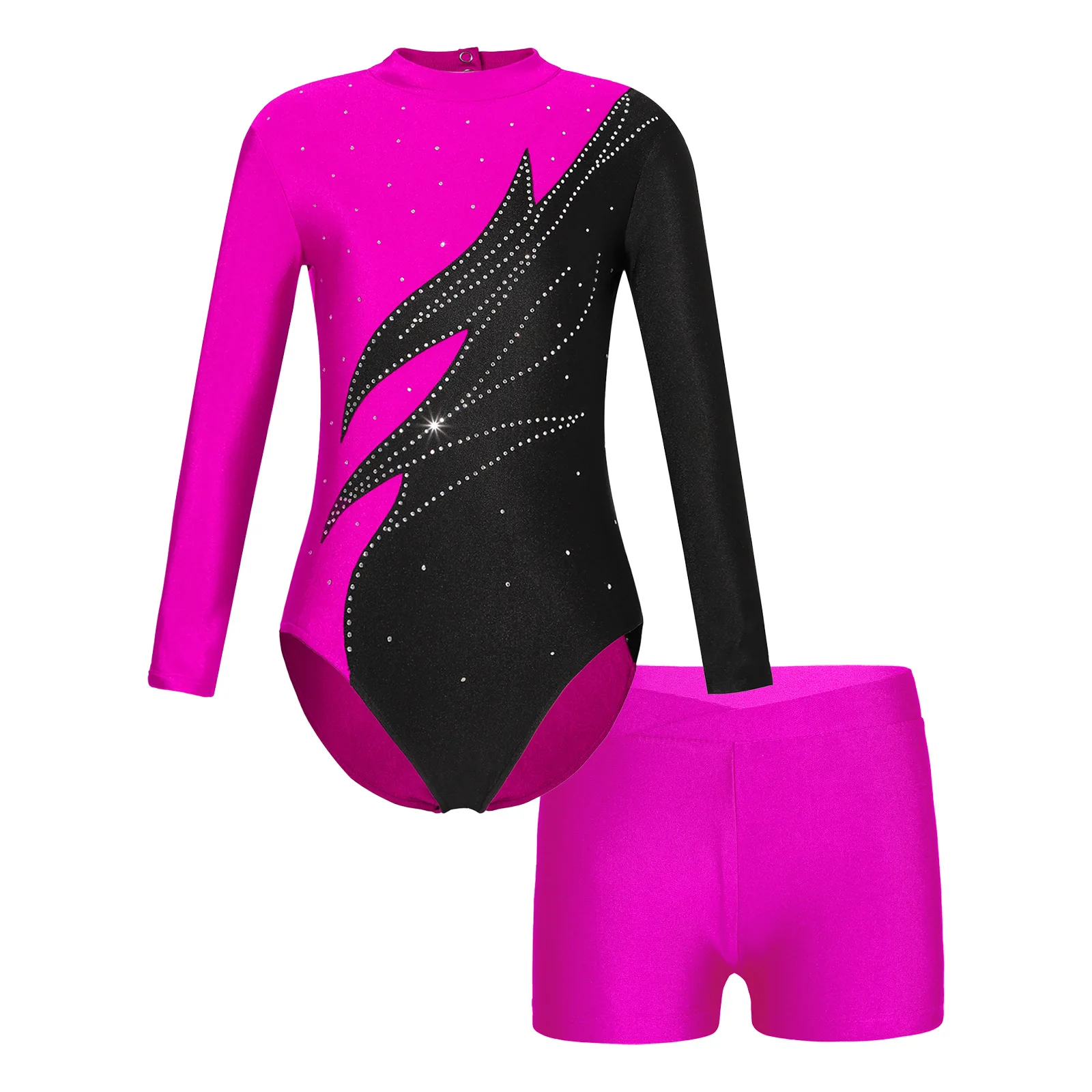 

2Pcs Kids Girls Acrobatics Gymnastic Leotard Long Sleeve Contrast Color Shiny Rhinestones Bodysuit+Shorts for Dance Competition