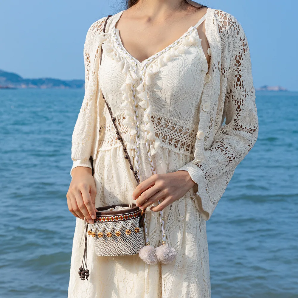 Women Woven Crossbody Bucket Bag Ethnic Style Suitable for Casual Travel and Vacation 2026