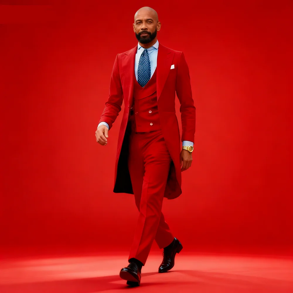 

Elegant Rose Red 3-Piece Slim Fit Men's Suit Double Breasted Blazer Vest Pants Set for Wedding Groom Tuxedo Business Party
