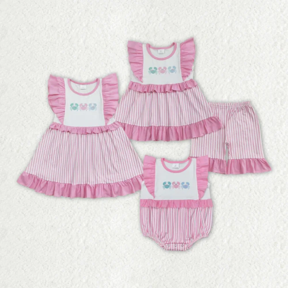 

High Quality Three Color Crab Pink Ruffles Stripe Baby Girls Outfits Sets