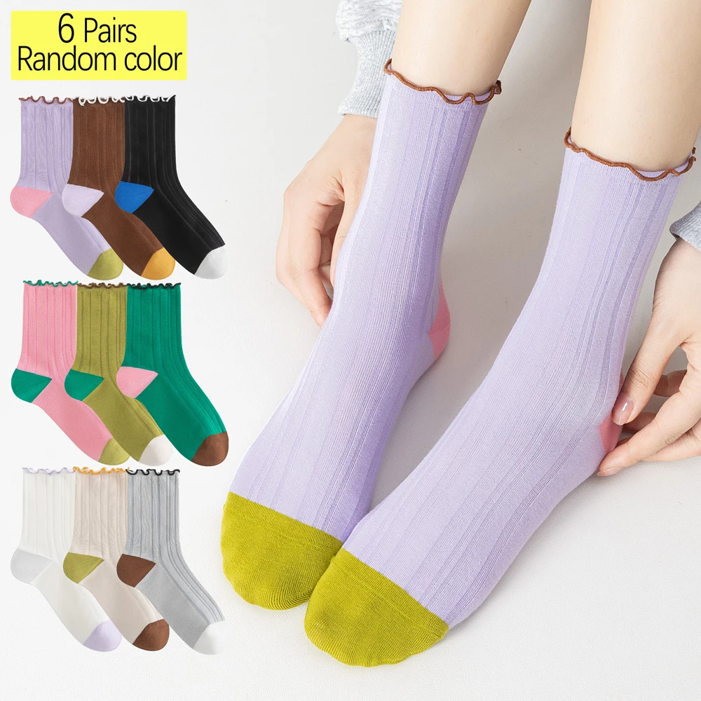 

6 Pairs Random Color Lace Trim Stackable Socks Women Cotton Antibacterial Mid-Crew Breathable Seamless Toe Anti-Odor for Daily