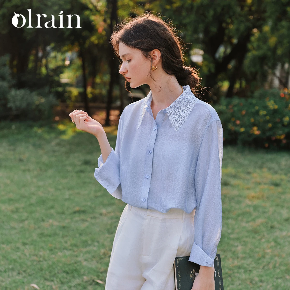 

OLrain Tops Woman 2025 Casual Summer Blue Loose Long Sleeves Shirts Lace Neck Button-up Front Blouses Ladies Clothing O57XC99229