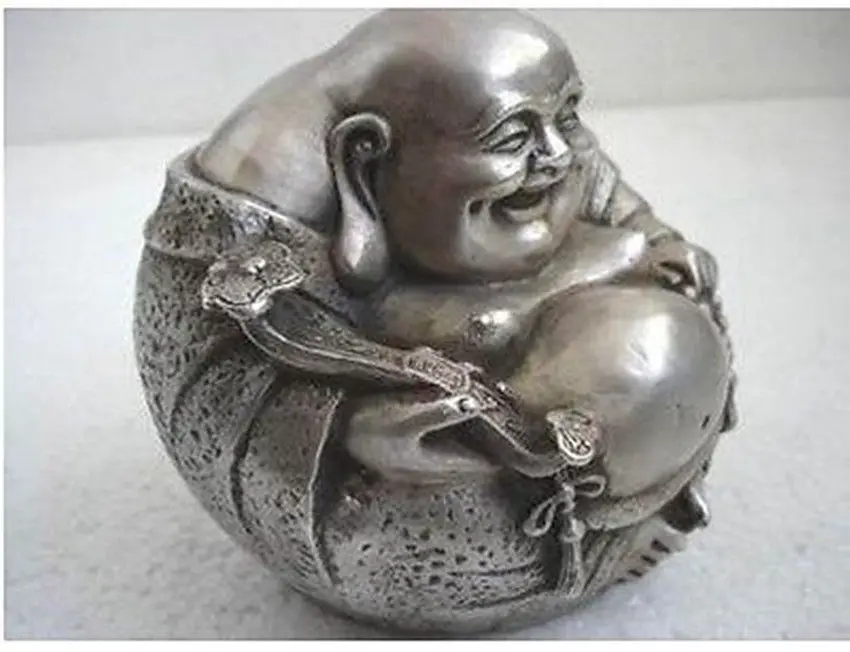 

Collection Collectible rare luck tibetan silver smile buddha statue wholesale 2PCS factory Arts outlets