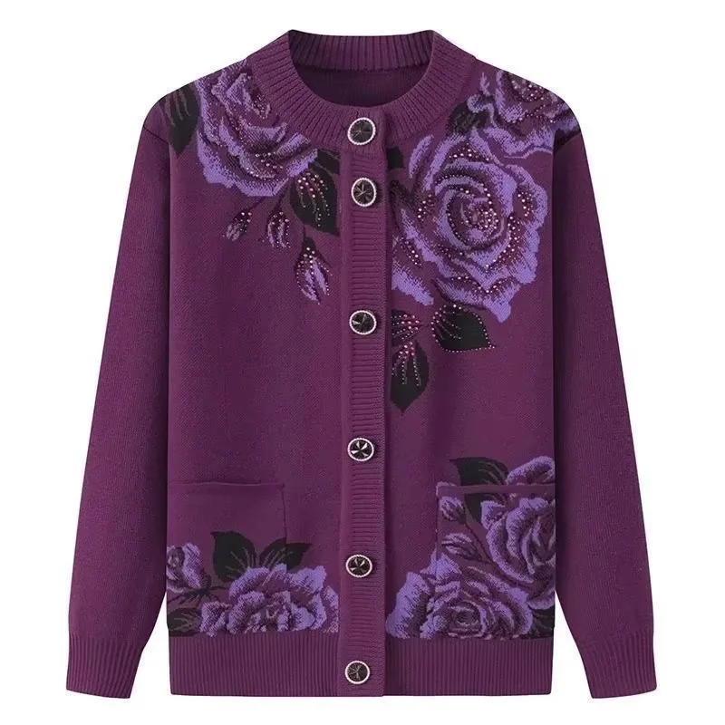 Autumn Winter Women Knitted Sweater Cardigan Jacket 2025 New Print Long-Sleeve Warm Sweaters Coat Female Knit Top Mother Clothes