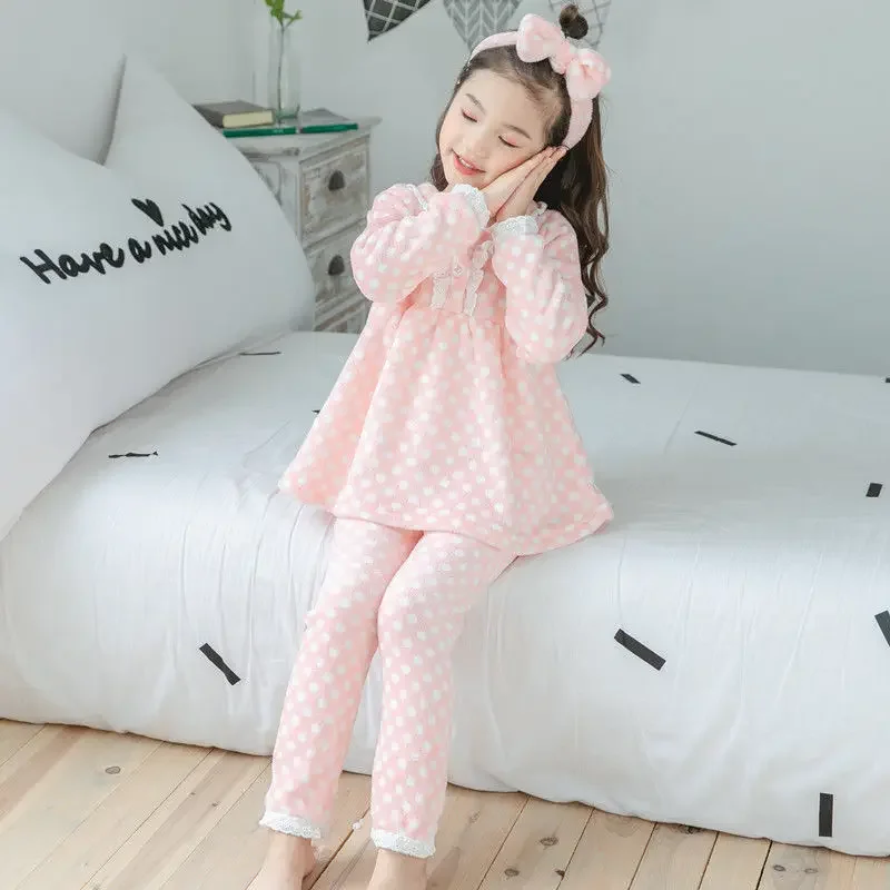 Cute Style Long Sleeved Home Clothing Set Pink Polka Dot Warm Clothes / Pajamas Autumn Winter Child Warm Pajamas Set Long Sleeve