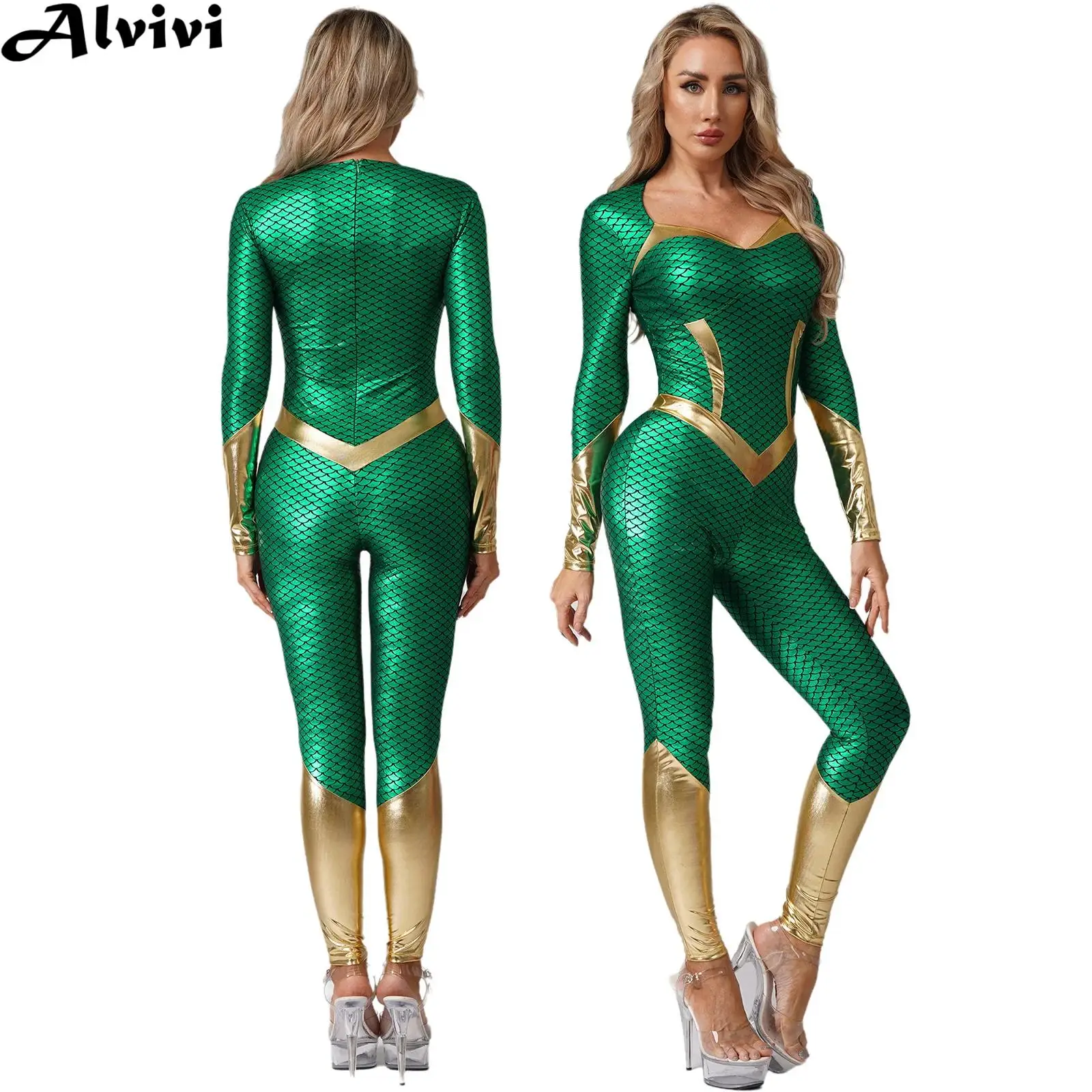 

Men Long Sleeve Metallic Fish Scale Print Dance Jumpsuit Halloween Mermaid Comics Movie King of The Sea Cosplay Costume Clubwear