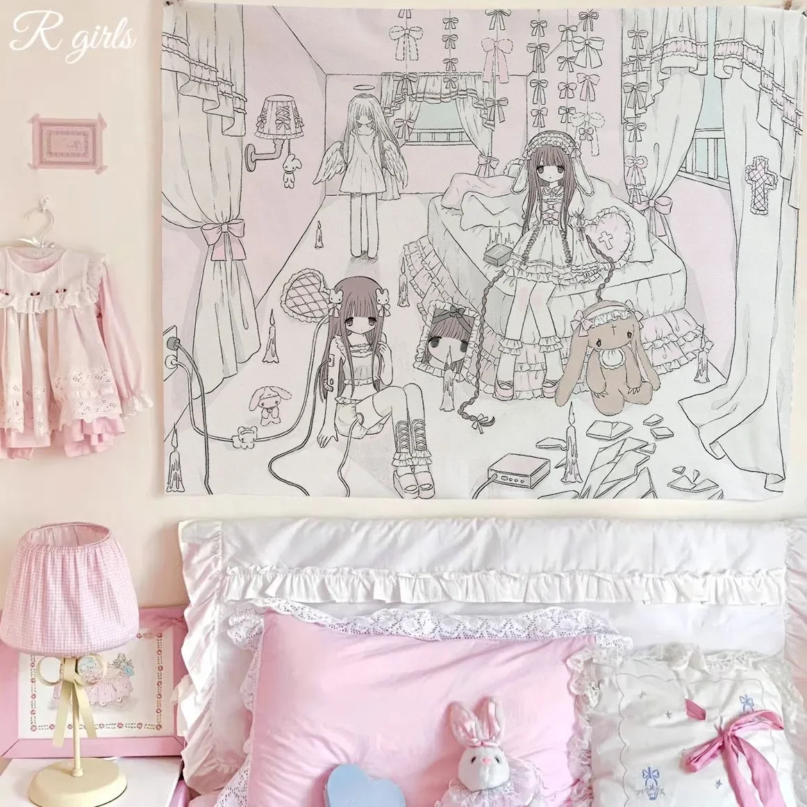 Rosa Hintergrundstoff mit Lolita-Motiv, Tapete mit englischem Mädchenmotiv im Ins-Stil und Y2K-Anime-inspirierter dekorativer Tapestri