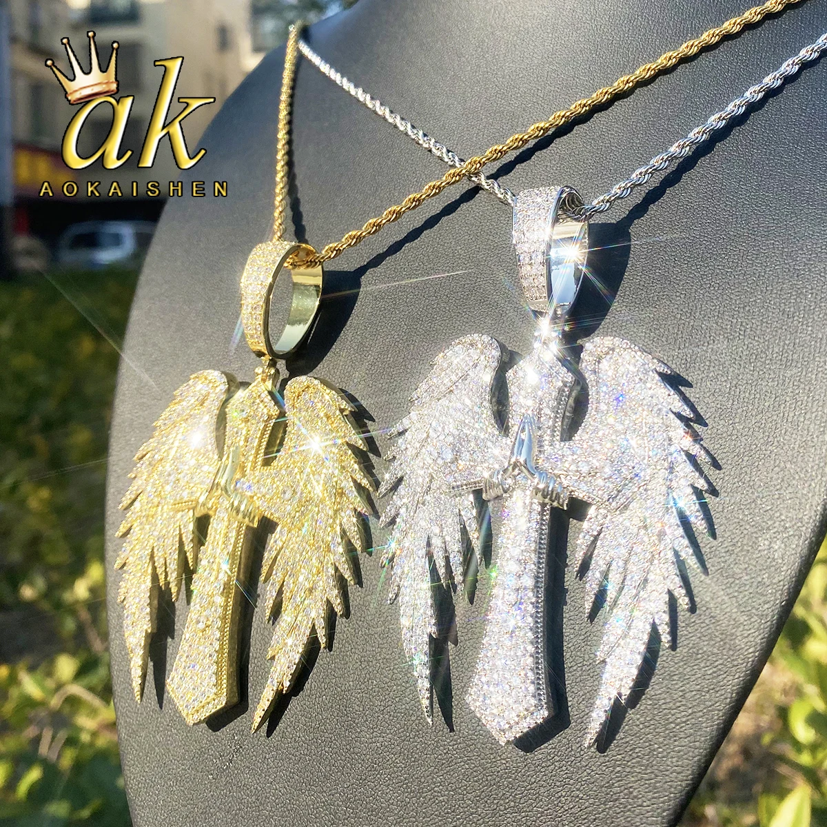 

Ожерелье-кулон Aokaishen Iced Out Hero Allen Wing Cross для мужчин, позолоченное, с кубическим цирконием, в стиле хип-хоп