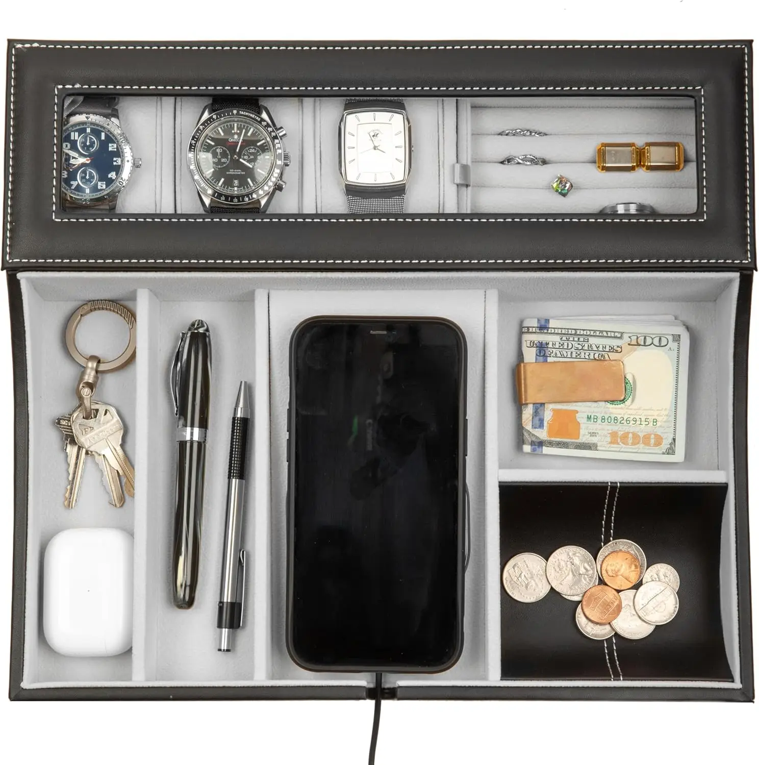 

Navigator Large Dresser Valet Tray & Mens Jewelry Box Organizer - Watch Box Organizer for Men with Angled Charging