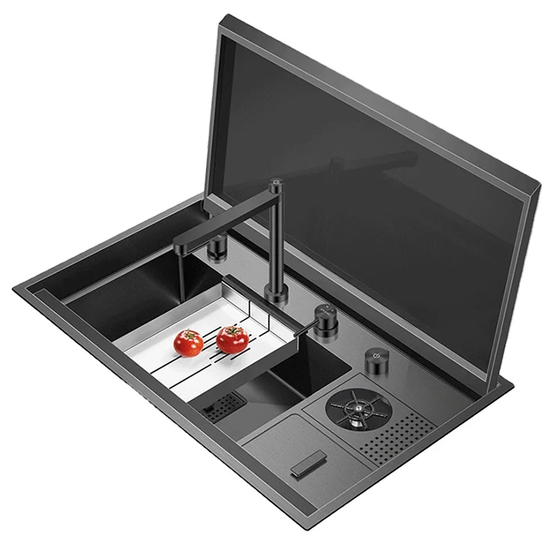 

Nanometer Flip Cover Handmade Large Size Hidden kitchen Sink SUS 304 Stainless Steel with cup washer draining tray and trash can