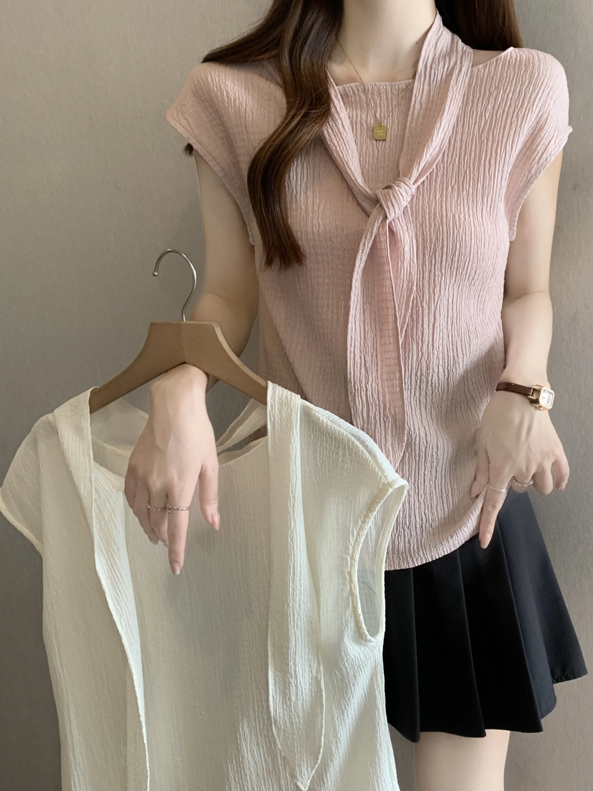 

Loose Fit Short Sleeve Knitwear Women's Summer New Style Knot Wave Pattern Slimming Top Korean Style Commute Fashion