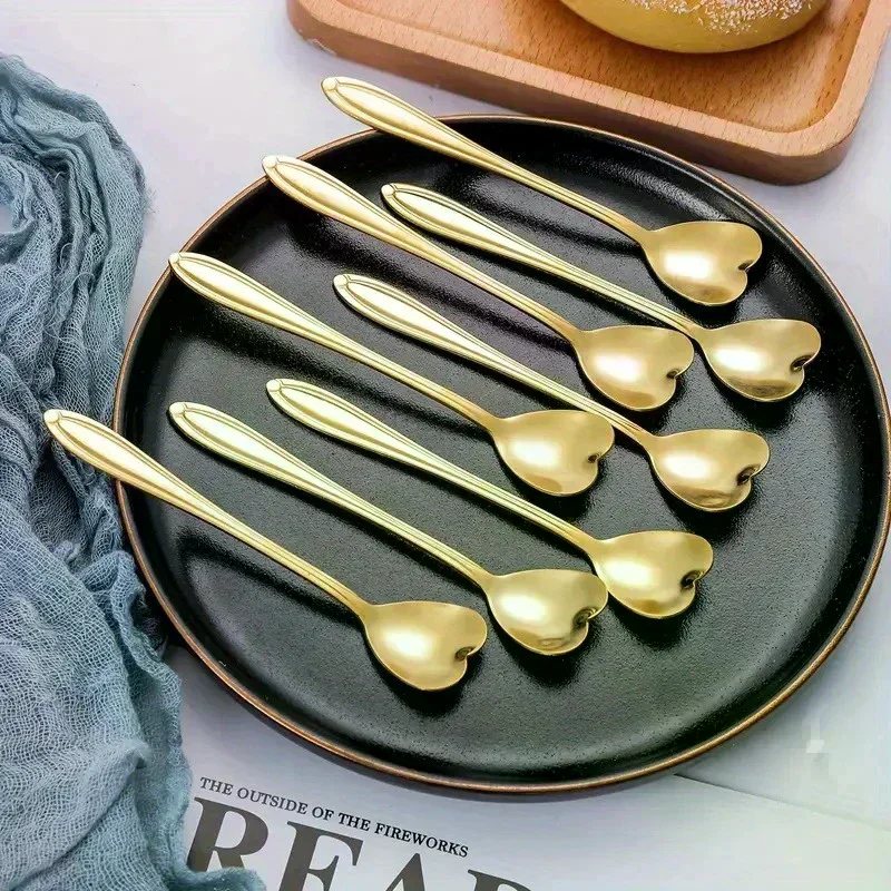 10-Piece Polished Stainless Steel Heart-Shaped Coffee Spoon Set - Durable Stirring Utensils For Home, Kitchen, And Dining Room