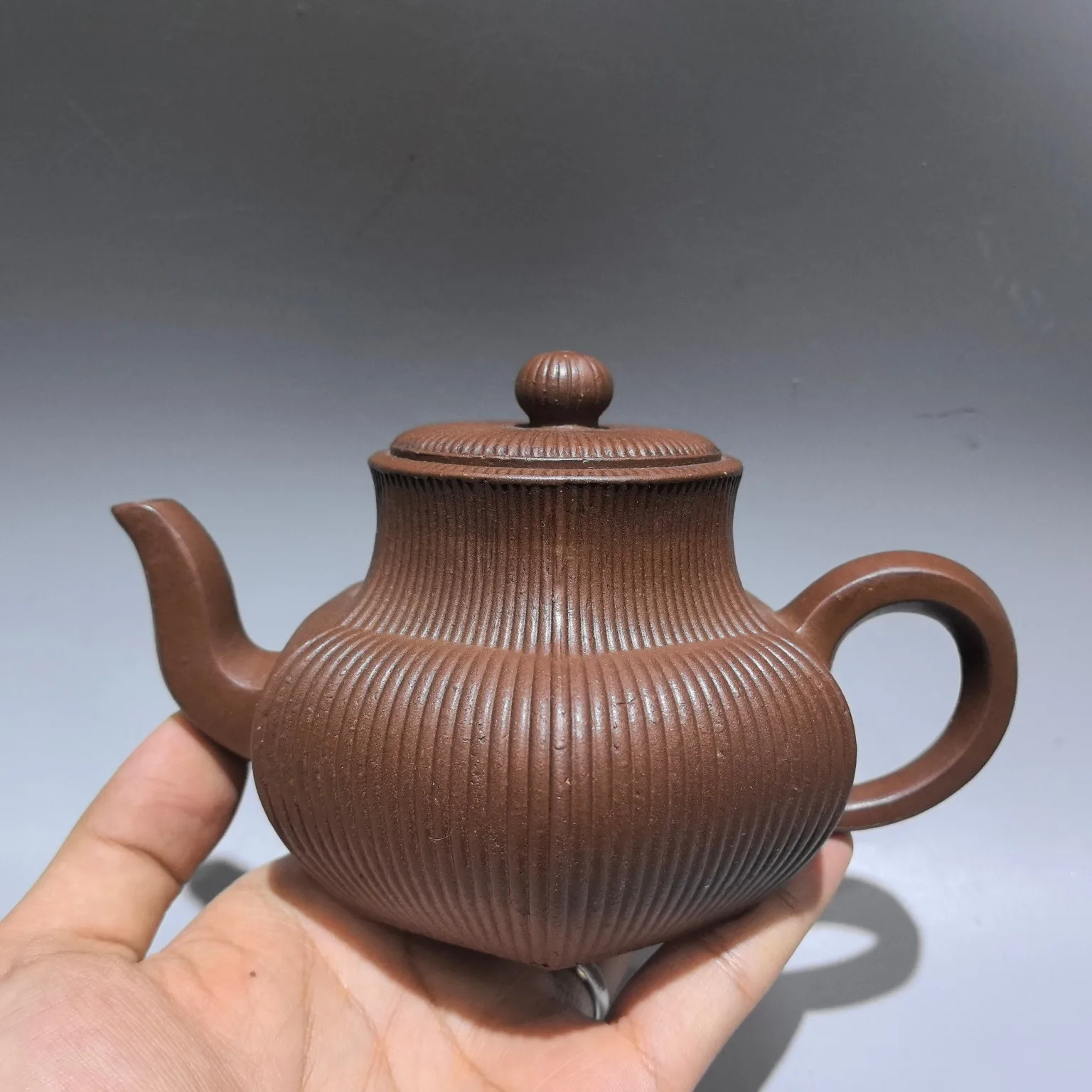 

6"Chinese yixing Purple Clay Pot Ribbed hexagonal pot Kettle Line kettle Teapot Flagon Office Amass wealth Ornaments