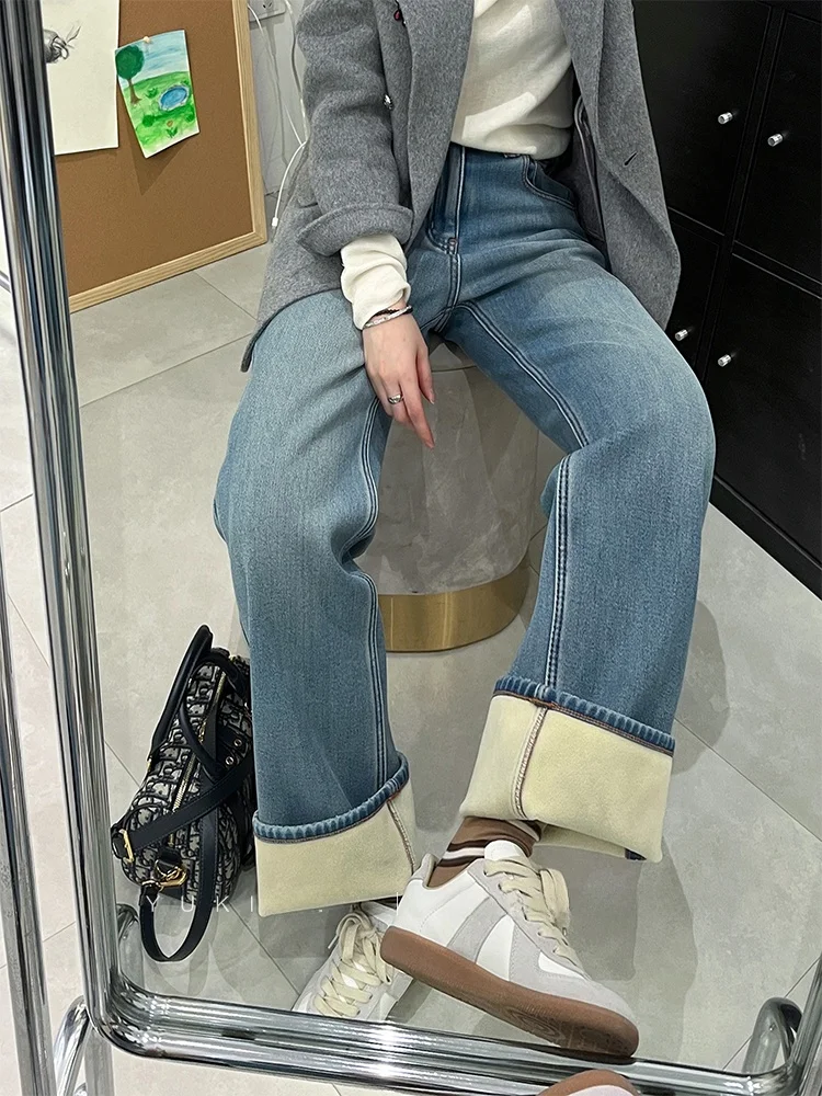 

Прямые джинсовые брюки с высокой талией на подкладке, женские зимние новые широкие брюки, синие Cosite Fce, узкая версия, пол L...