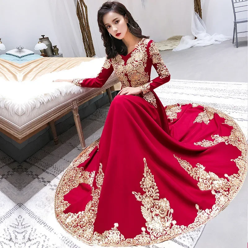 Evening Dress Burgundy Jersey Gold Embroidery Robe De Soiree V-neck Full Sleeves A-line Floor-length Plus size Party Formal Gown