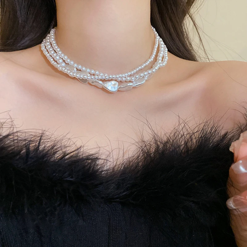 Multi-Layer Pearl Necklace For Woman Elegant Chokers Retro Neck Chain Imitation Pearls Heart Necklace Wedding Party Lady Jewelry