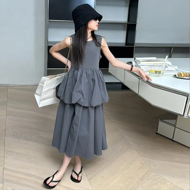 Fashion Girl Sleeveless Vest Dress Summer New Ruffles Dress Kids Holiday Dress Children Gray Casual Dress Teenage Clothes Wz1350