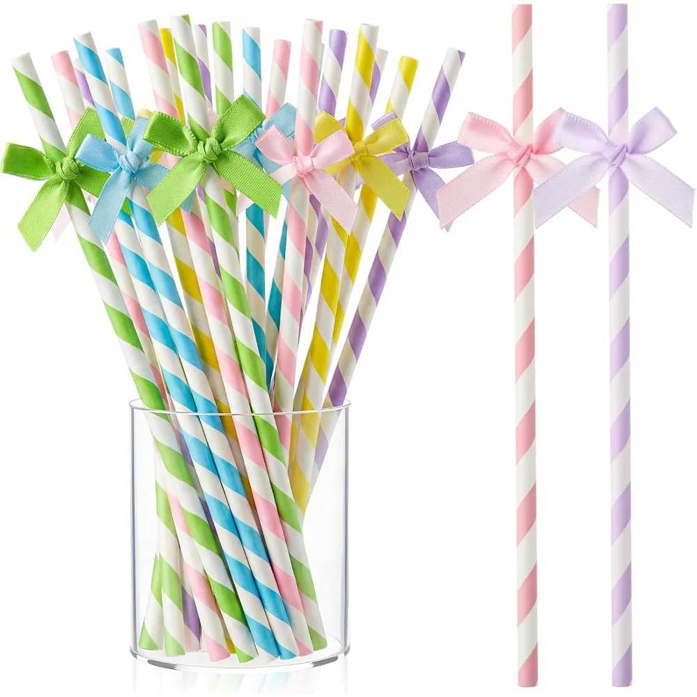 100 Pcs Bow Straws Bulk Disposable Paper Striped Drinking Straws for Graduations Cake Decorations Birthday Bridal Shower Wedding