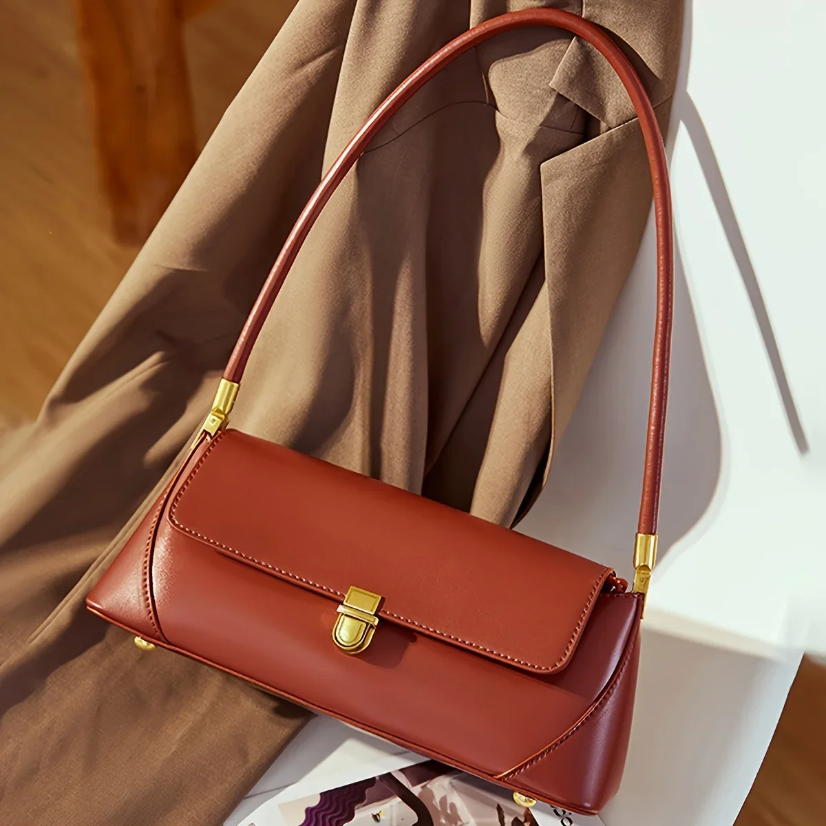 2026 Vintage Damenhandtasche aus PU-Material, Schultertasche, französische Baguette-Unterarmtasche, vielseitige Pendler-Handtasche