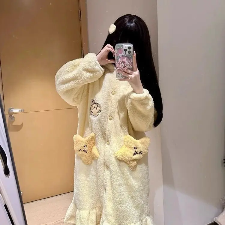 Kawaii Chiikawa Usaki Pajamas Anime Cartoon Plush Nightgown Women\'s Winter Warm Cute Coral Fleece Thickened Loungewear Set Gifts