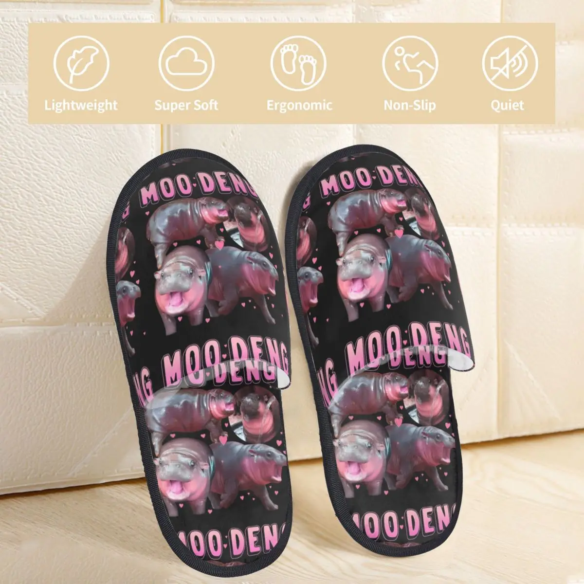 Home Cotton Slippers Moo Deng Bouncy Pig Meme Baby Hippo Accessories Household Fur Slides Slippers Bedroom Soft Non-slip Slides