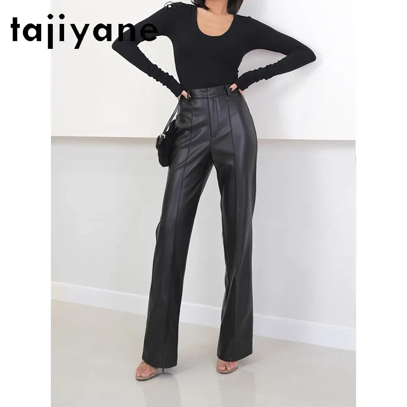 TAJIYANE Real Leather Pant Women Sheepskin Straight Leg Suit Pants of Women Casual Long Trousers 107cm Black Pantalon Femme 슬랙스